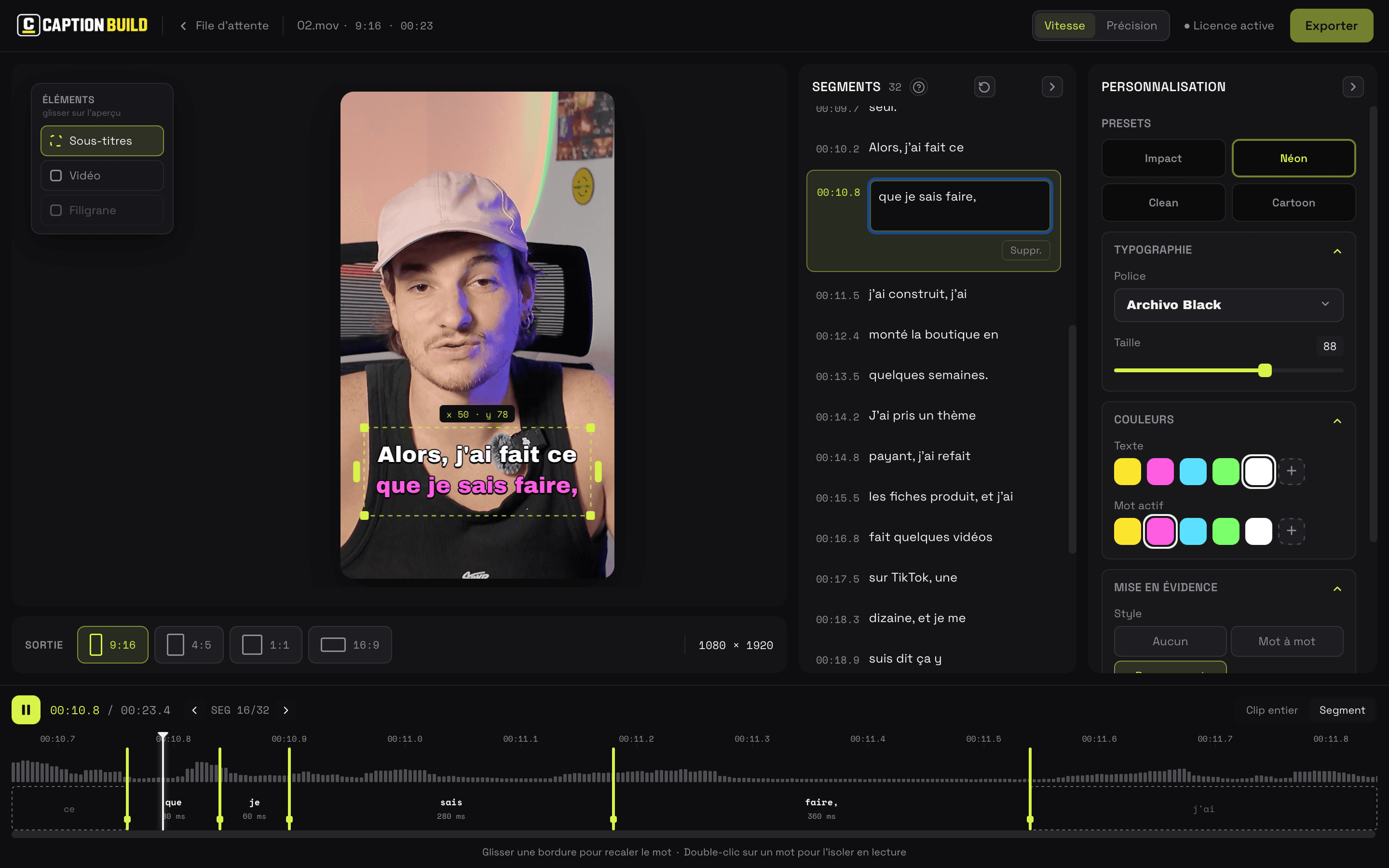 Caption Build editor: video preview on the left, transcribed segments in the middle, customization on the right, word-by-word timing at the bottom